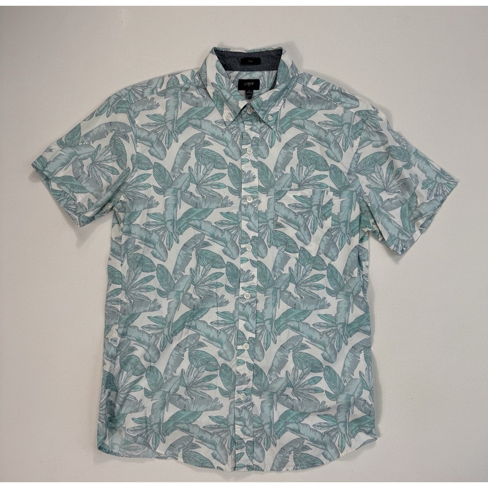 J Crew Mens Medium Slim Fit Floral Button Shirt Blue Tropical Palm Leaf Cotton